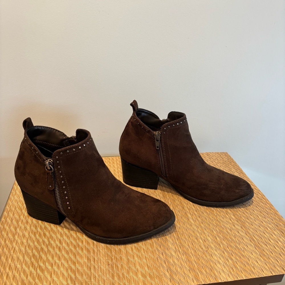 Dark Olive Suede Ankle Booties with Stud Trim